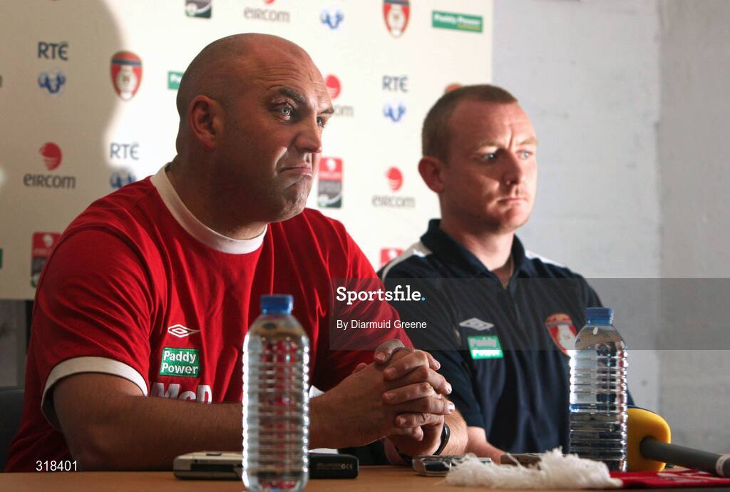 27 August 2008; St Patrick’s Athletic manager John McDonnell speaking during a press conference ahead of their UEFA Cup second qualifying round 2nd leg game against IF Elfsborg. Richmond Park, Dublin. Picture credit: Diarmuid Greene / SPORTSFILE
