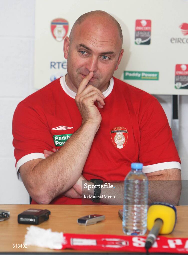 27 August 2008; St Patrick’s Athletic manager, John McDonnell, during a press conference ahead of their UEFA Cup second qualifying round 2nd leg game against IF Elfsborg. Richmond Park, Dublin. Picture credit: Diarmuid Greene / SPORTSFILE