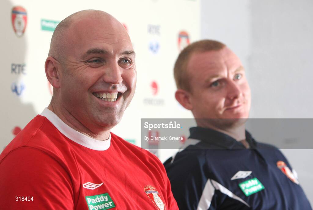 27 August 2008; St Patrick’s Athletic manager, John McDonnell, and goalkeeper Barry Ryan, during a press conference ahead of their UEFA Cup second qualifying round 2nd leg game against IF Elfsborg. Richmond Park, Dublin. Picture credit: Diarmuid Greene / SPORTSFILE