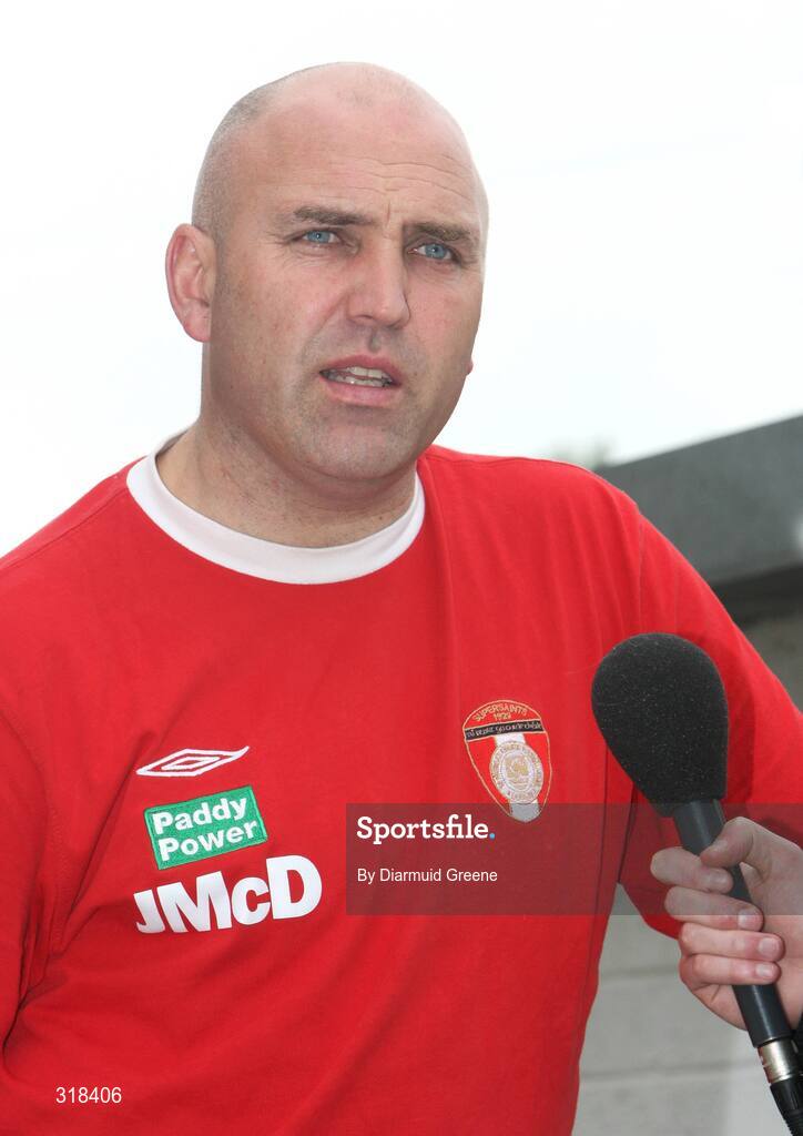 27 August 2008; St Patrick’s Athletic Manager, John McDonnell, speaking to a journalist after a press conference ahead of their UEFA Cup second qualifying round 2nd leg game against IF Elfsborg. Richmond Park, Dublin. Picture credit: Diarmuid Greene / SPORTSFILE