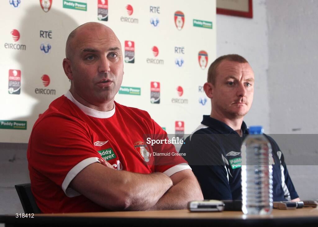 27 August 2008; St Patrick’s Athletic manager, John McDonnell, speaking during a press conference ahead of their UEFA Cup second qualifying round 2nd leg game against IF Elfsborg. Richmond Park, Dublin. Picture credit: Diarmuid Greene / SPORTSFILE