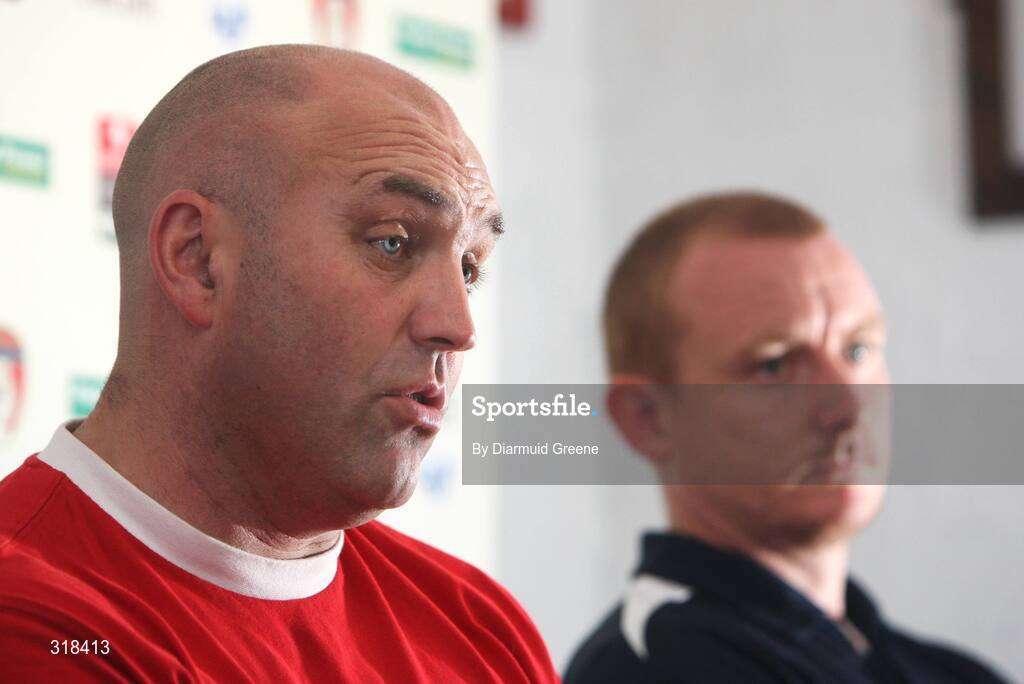 27 August 2008; St Patrick’s Athletic manager, John McDonnell, speaking during a press conference ahead of their UEFA Cup second qualifying round 2nd leg game against IF Elfsborg. Richmond Park, Dublin. Picture credit: Diarmuid Greene / SPORTSFILE