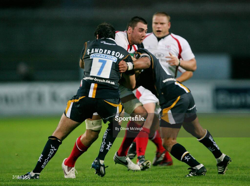 27 August 2008; Ryan Caldwell, Ulster, in action against Patrick Sanderson and Dale Rasmussen, Worcester. Pre-season Friendly, Ulster v Worcester, Ravenhill Park, Belfast. Picture credit: Oliver McVeigh / SPORTSFILE