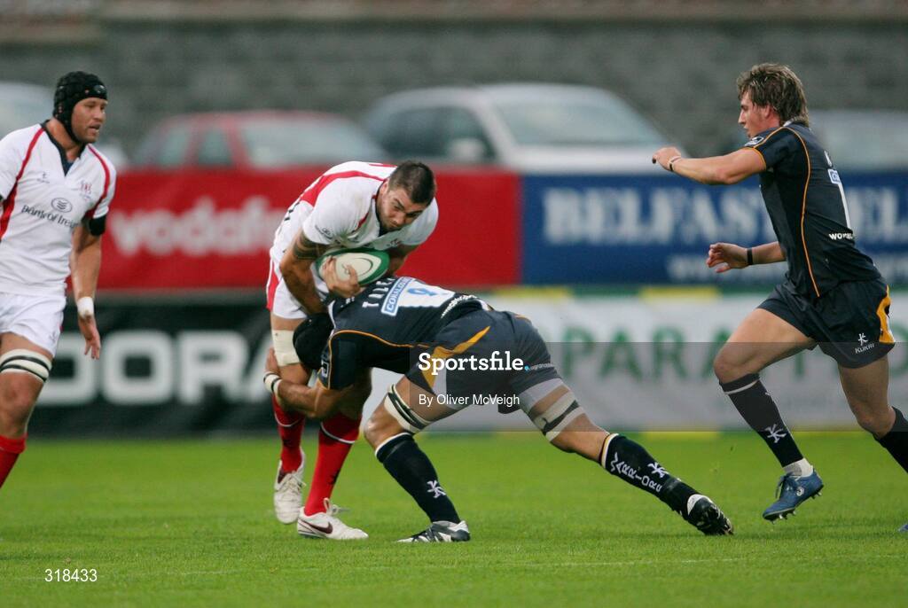 27 August 2008; Ryan Caldwell, Ulster, in action against Netani Talei, Worcester. Pre-season Friendly, Ulster v Worcester, Ravenhill Park, Belfast. Picture credit: Oliver McVeigh / SPORTSFILE