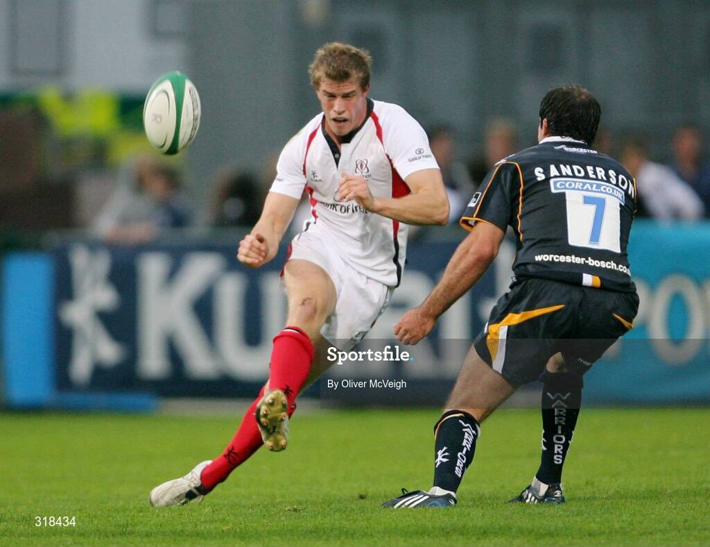27 August 2008; Andrew Trimble, Ulster, in action against Patrick Sanderson, Worcester. Pre-season Friendly, Ulster v Worcester, Ravenhill Park, Belfast. Picture credit: Oliver McVeigh / SPORTSFILE