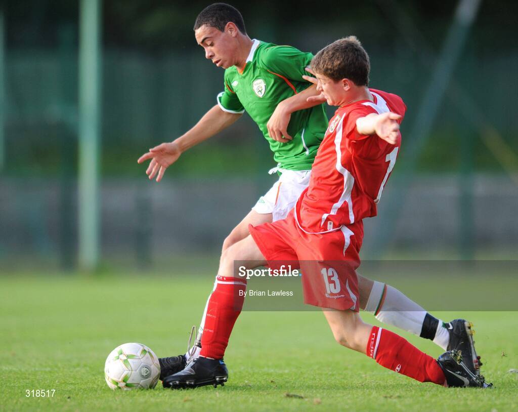 28 August 2008; Derrick Williams, Republic of Ireland, in action against Aaron Phillips, Wales. Under-16 International Friendly, Republic of Ireland  v Wales, Whitehall, Dublin. Picture credit: Brian Lawless / SPORTSFILE