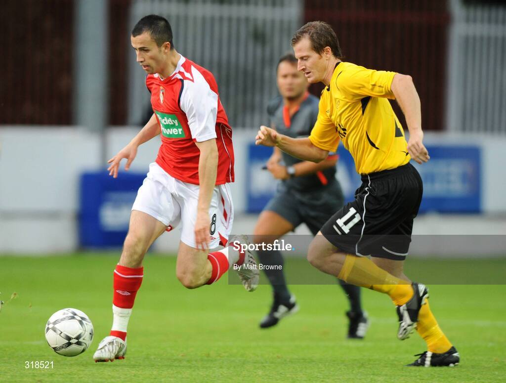 28 August 2008; Keith Fahy, St. Patrick's Athletic, in action against Daniel Moback, IF Elfsborg. UEFA Cup 2nd Qualifying Round 2nd leg, St. Patrick's Athletic v IF Elfsborg, Richmond Park, Dublin. Picture credit: Matt Browne / SPORTSFILE