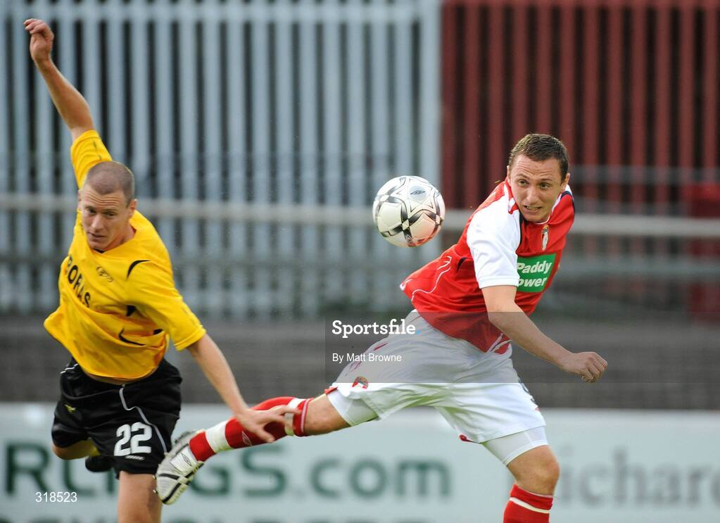 28 August 2008; Gary O'Neill, St. Patrick's Athletic, in action against Andreas Augustsson, IF Elfsborg. UEFA Cup 2nd Qualifying Round 2nd leg, St. Patrick's Athletic v IF Elfsborg, Richmond Park, Dublin. Picture credit: Matt Browne / SPORTSFILE