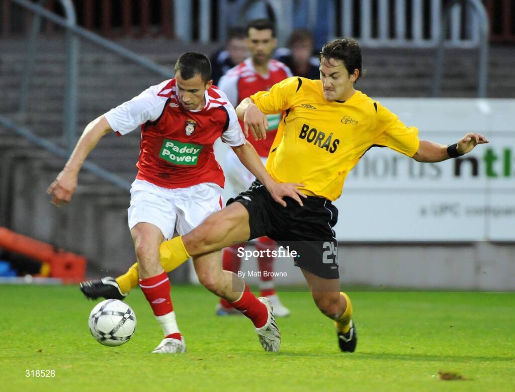 28 August 2008; Stefan Ishizaki, IF Elfsborg, in action against Keith Fahy, St. Patrick's Athletic. UEFA Cup 2nd Qualifying Round 2nd leg, St. Patrick's Athletic v IF Elfsborg, Richmond Park, Dublin. Picture credit: Matt Browne / SPORTSFILE