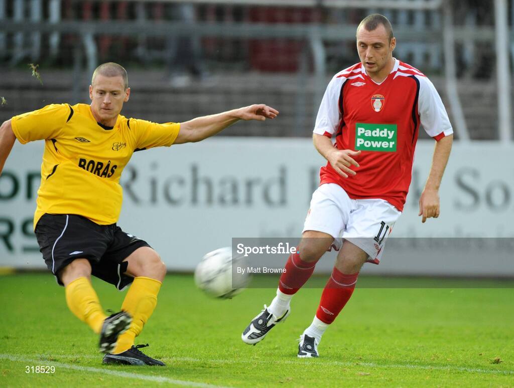 28 August 2008; Andreas Augustsson, IF Elfsborg, in action against Mark Quigley, St. Patrick's Athletic. UEFA Cup 2nd Qualifying Round 2nd leg, St. Patrick's Athletic v IF Elfsborg, Richmond Park, Dublin. Picture credit: Matt Browne / SPORTSFILE