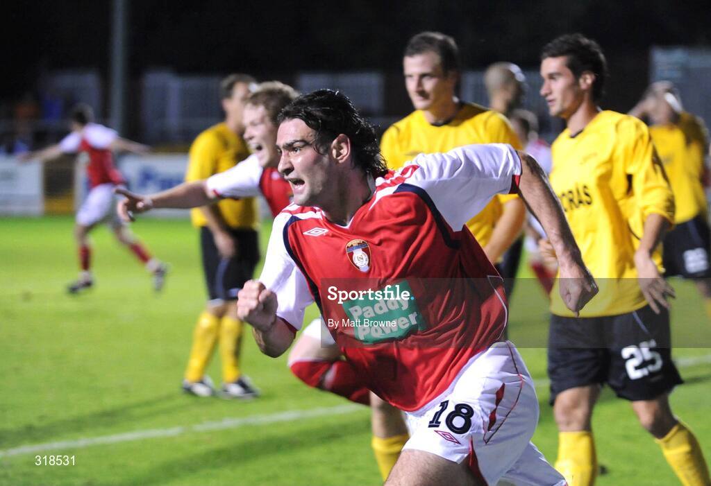 28 August 2008; Jason Gavin,18, St. Patrick's Athletic, celebrates his goal against IF Elfsborg. UEFA Cup 2nd Qualifying Round 2nd leg, St. Patrick's Athletic v IF Elfsborg, Richmond Park, Dublin. Picture credit: Matt Browne / SPORTSFILE