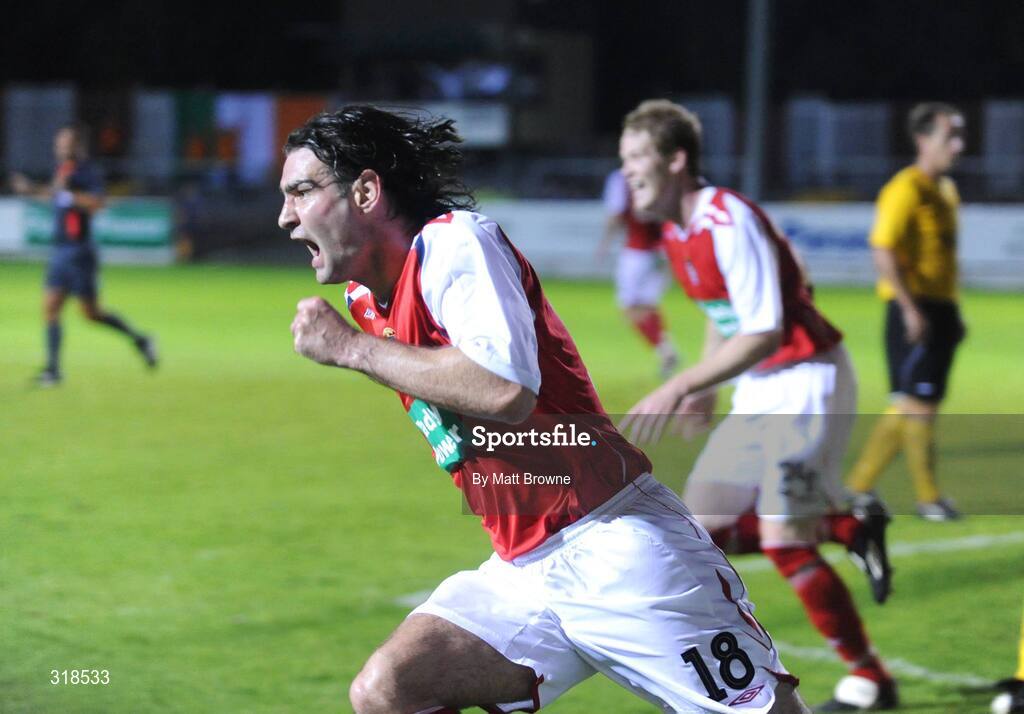 28 August 2008; Jason Gavin,18, St. Patrick's Athletic, celebrates his goal against IF Elfsborg. UEFA Cup 2nd Qualifying Round 2nd leg, St. Patrick's Athletic v IF Elfsborg, Richmond Park, Dublin. Picture credit: Matt Browne / SPORTSFILE