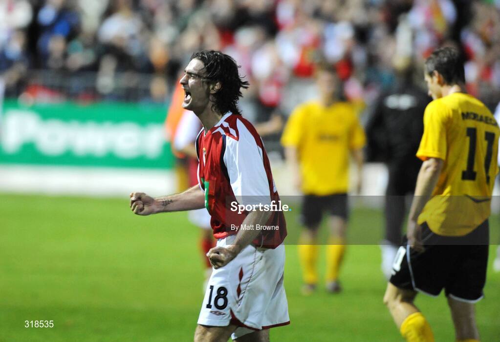 28 August 2008; Jason Gavin, St. Patrick's Athletic goalscorer celebrates at the final whistle. UEFA Cup 2nd Qualifying Round 2nd leg, St. Patrick's Athletic v IF Elfsborg, Richmond Park, Dublin. Picture credit: Matt Browne / SPORTSFILE