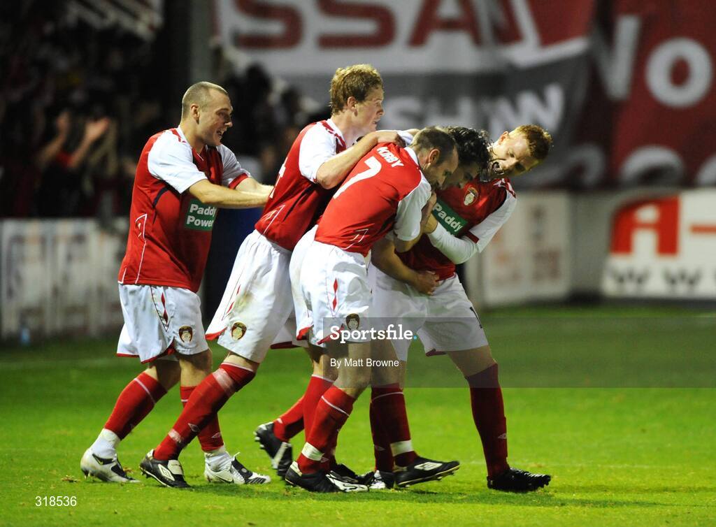 28 August 2008; Jason Gavin,18, St. Patrick's Athletic, is congratulated by his team-mates Glen Fitzpatrick, Alan Kirby, 7, Stephen Paisley and Mark Quigley after scoring his goal against IF Elfsborg. UEFA Cup 2nd Qualifying Round 2nd leg, St. Patrick's Athletic v IF Elfsborg, Richmond Park, Dublin. Picture credit: Matt Browne / SPORTSFILE