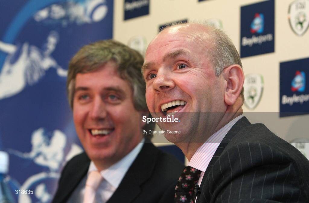 29 August 2008; Director of Boylesports, John Boyle, right, and FAI Chief Executive, John Delaney, during a press conference to announce Boylesports as the new FAI commercial partner. FAI Headquarters, National Sports Campus, Abbotstown, Dublin. Picture credit: Diarmuid Greene / SPORTSFILE *** Local Caption *** S0808144 FAI Announce new partner DG
