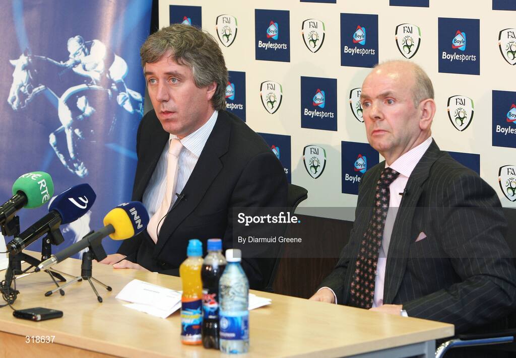 29 August 2008; FAI Chief Executive, John Delaney, left, and Director of Boylesports, John Boyle, during a press conference to announce Boylesports as the new FAI commercial partner. FAI Headquarters, National Sports Campus, Abbotstown, Dublin. Picture credit: Diarmuid Greene / SPORTSFILE *** Local Caption *** S0808144 FAI Announce new partner DG