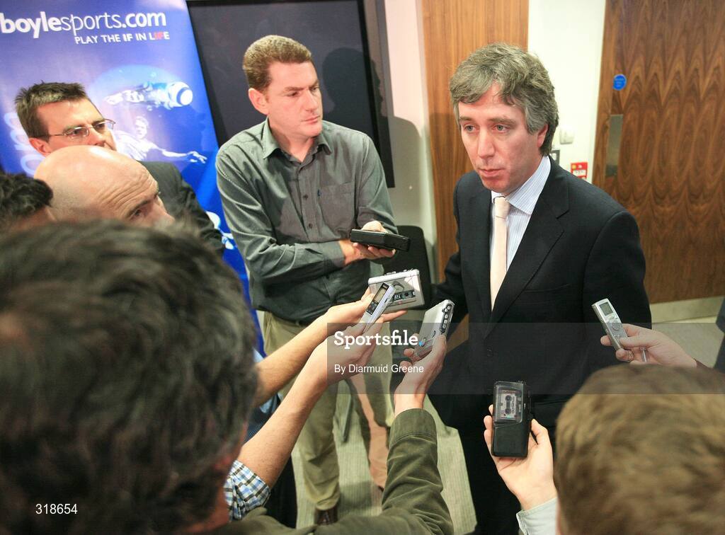 29 August 2008; FAI Chief Executive, John Delaney, speaking to journalists after a press conference to announce Boylesports as the new FAI commercial partner. FAI Headquarters, National Sports Campus, Abbotstown, Dublin. Picture credit: Diarmuid Greene / SPORTSFILE *** Local Caption *** S0808144 FAI Announce new partner DG