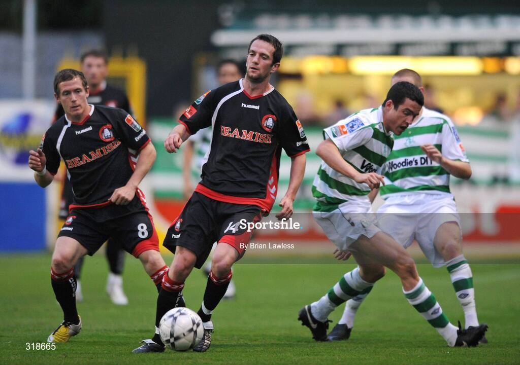 29 August 2008; Cillian Lordan, centre, and Joe Gamble, Cork City, in action against Pat Flynn, Shamrock Rovers. eircom League of Ireland Premier Division, Shamrock Rovers v Cork City, Tolka Park, Dublin. Picture credit: Brian Lawless / SPORTSFILE