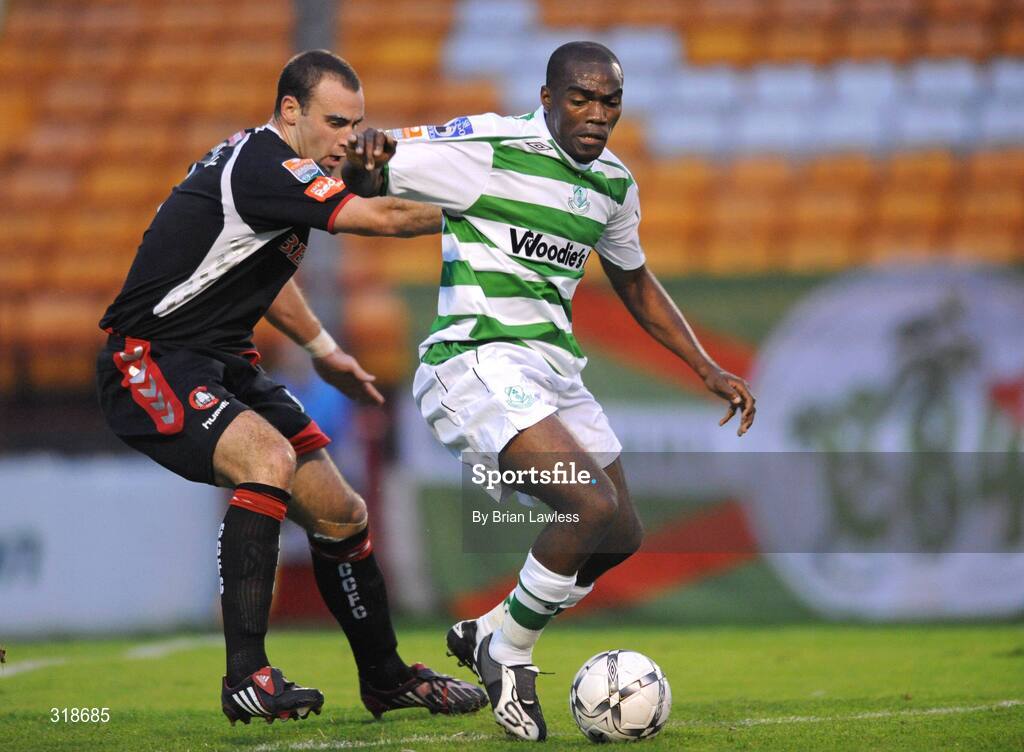 29 August 2008; Joseph Ndo, Shamrock Rovers, in action against Dan Murray, Cork City. eircom League of Ireland Premier Division, Shamrock Rovers v Cork City, Tolka Park, Dublin. Picture credit: Brian Lawless / SPORTSFILE
