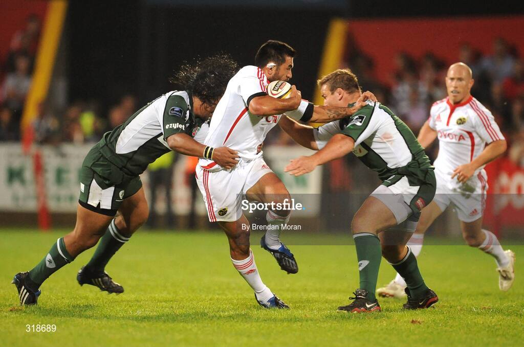 29 August 2008; Rua Tipoki, Munster, is tackled by Seilala Mapusua, left, London Irish. Pre-Season Friendly - Munster v London Irish, Musgrave Park, Cork. Picture credit: Brendan Moran / SPORTSFILE