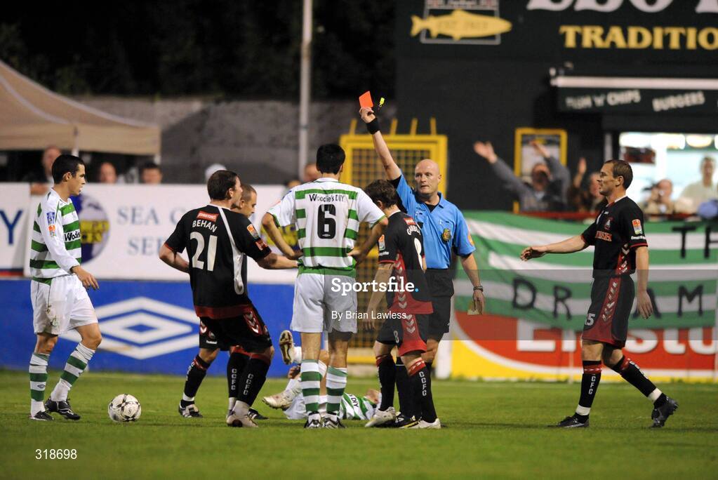 29 August 2008; Referee Richie Winter shows Cork City's Joe Gamble the red card. eircom League of Ireland Premier Division, Shamrock Rovers v Cork City, Tolka Park, Dublin. Picture credit: Brian Lawless / SPORTSFILE
