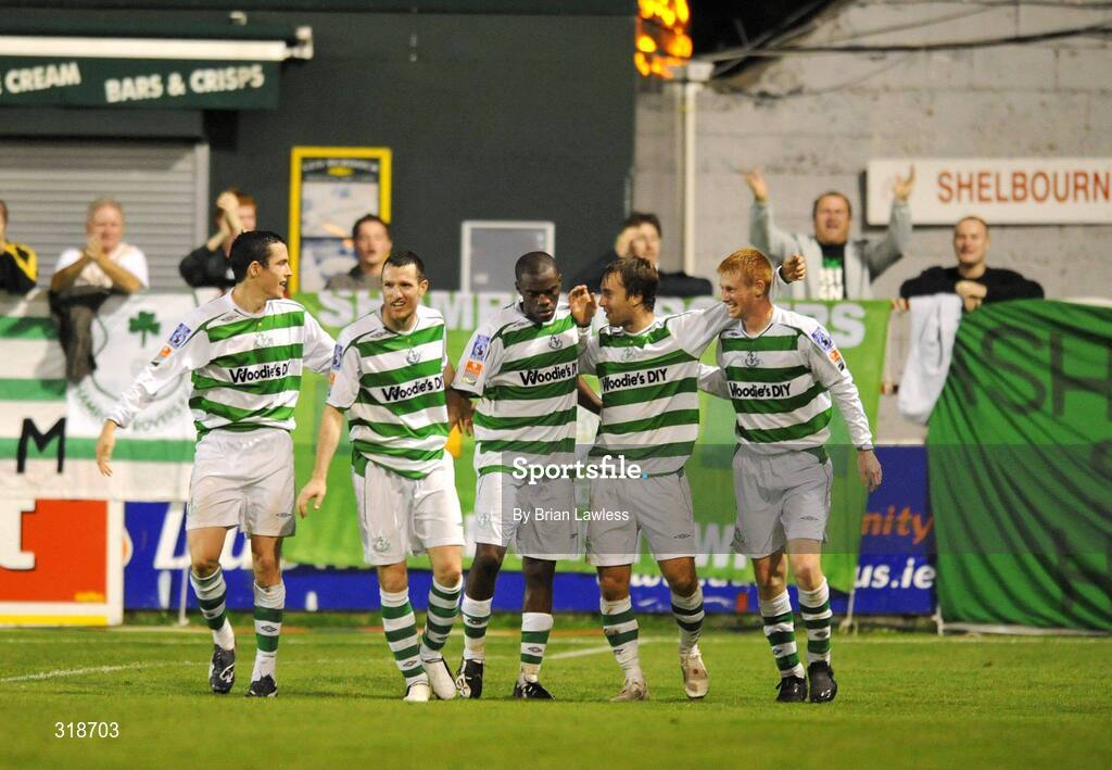 29 August 2008; Shamrock Rover's Eoin Doyle, right, celebrates with team-mates after scoring his side's third goal. eircom League of Ireland Premier Division, Shamrock Rovers v Cork City, Tolka Park, Dublin. Picture credit: Brian Lawless / SPORTSFILE