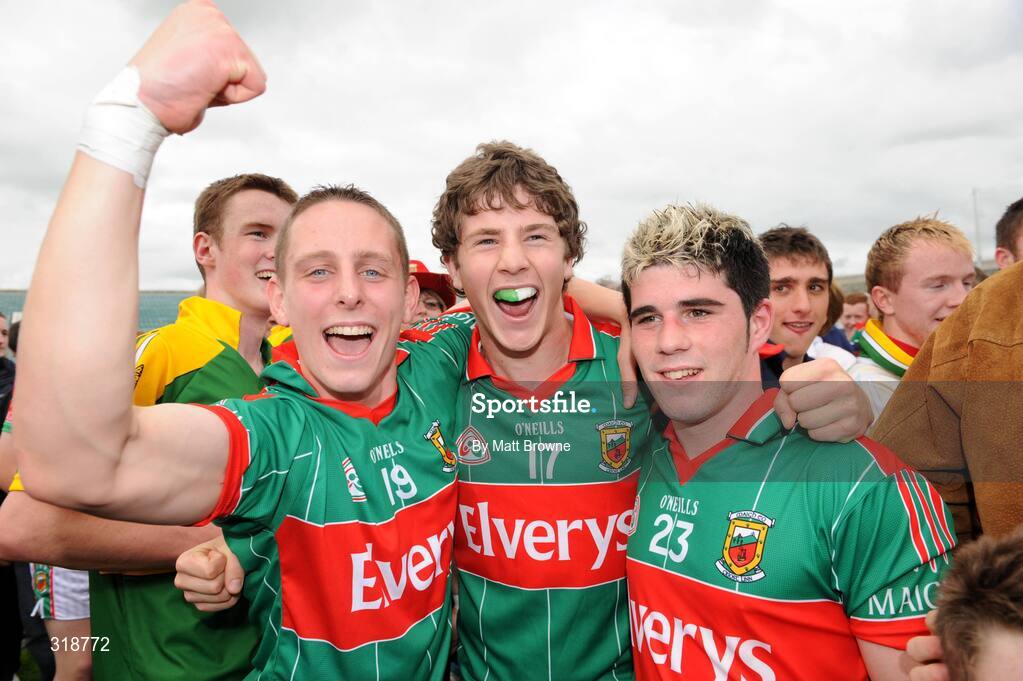 30 August 2008; Gary Keane, 19, Keith Rodgers, 17, and John Carney, 23, Mayo, celebrate after the final whistle. ESB GAA Football All-Ireland Minor Championship Semi-Final Replay, Kerry v Mayo, Gaelic Grounds, Limerick. Picture credit: Matt Browne / SPORTSFILE