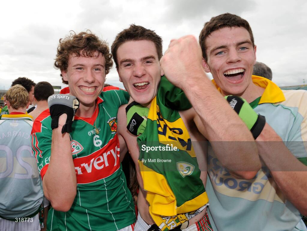 30 August 2008; Ger McDonagh, centre, celebrates with team-mates Eoin Reilly, left, and Aiden Walsh after the final whistle. ESB GAA Football All-Ireland Minor Championship Semi-Final Replay, Kerry v Mayo, Gaelic Grounds, Limerick. Picture credit: Matt Browne / SPORTSFILE