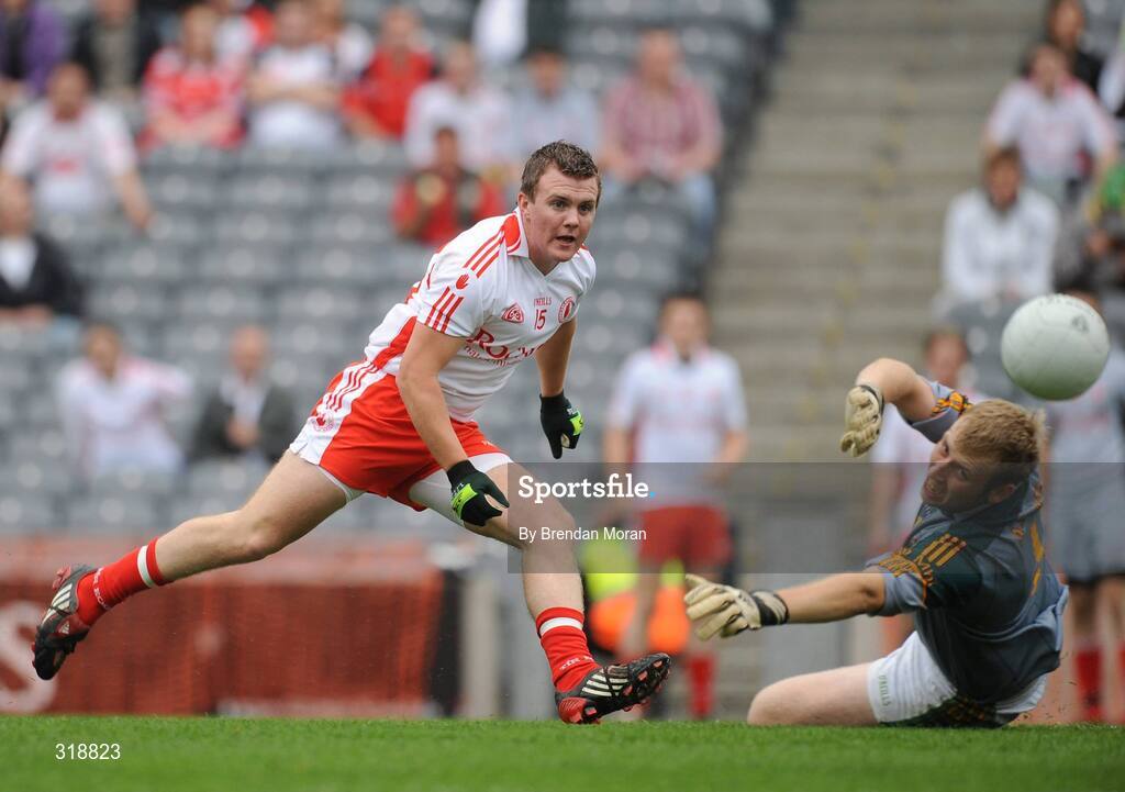 31 August 2008; Conor O'Neill, Tyrone, scores his side's first goal past Meath goalkeeper Padraig Curran. ESB GAA Football All-Ireland Minor Championship Semi-Final, Meath v Tyrone, Croke Park, Dublin. Picture credit: Brendan Moran / SPORTSFILE