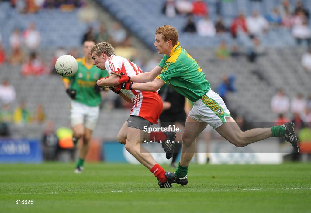 31 August 2008; Paddy McNiece, Tyrone, in action against Ciaran Linehan, Meath. ESB GAA Football All-Ireland Minor Championship Semi-Final, Meath v Tyrone, Croke Park, Dublin. Picture credit: Brendan Moran / SPORTSFILE