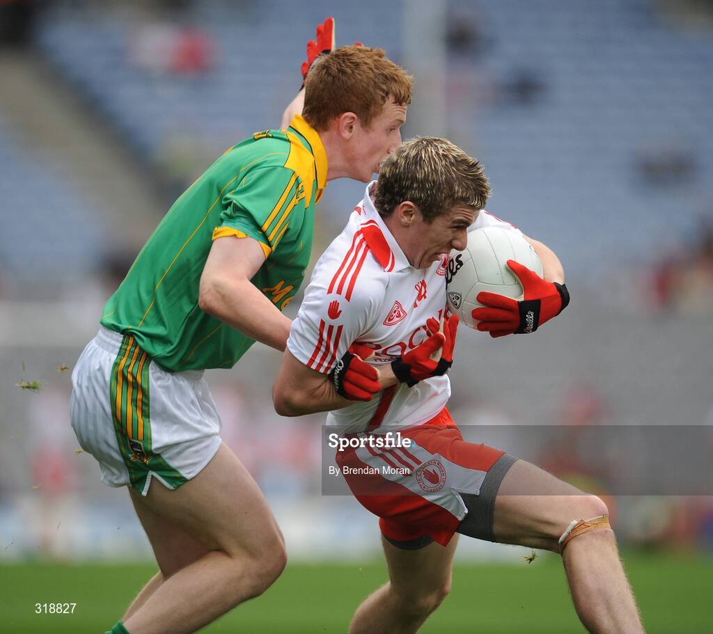 31 August 2008; Paddy McNiece, Tyrone, in action against Ciaran Linehan, Meath. ESB GAA Football All-Ireland Minor Championship Semi-Final, Meath v Tyrone, Croke Park, Dublin. Picture credit: Brendan Moran / SPORTSFILE