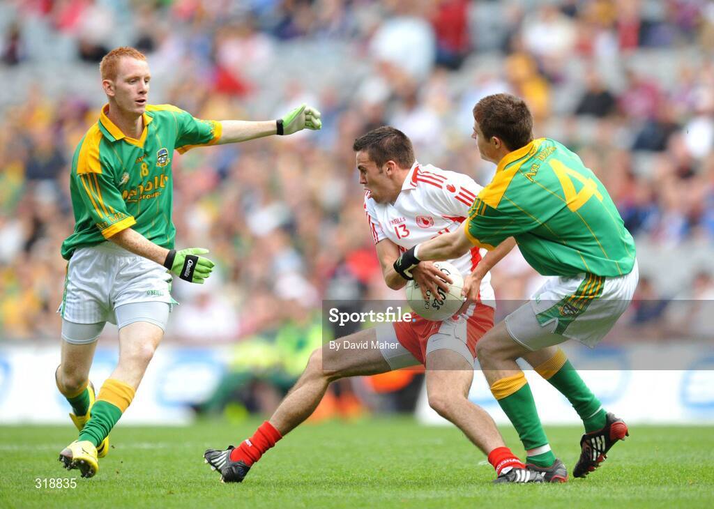 31 August 2008; Kyle Coney, Tyrone, in action against Jamie Owens, left, and Sean Curran, Meath. ESB GAA Football All-Ireland Minor Championship Semi-Final, Meath v Tyrone, Croke Park, Dublin. Picture credit: David Maher / SPORTSFILE