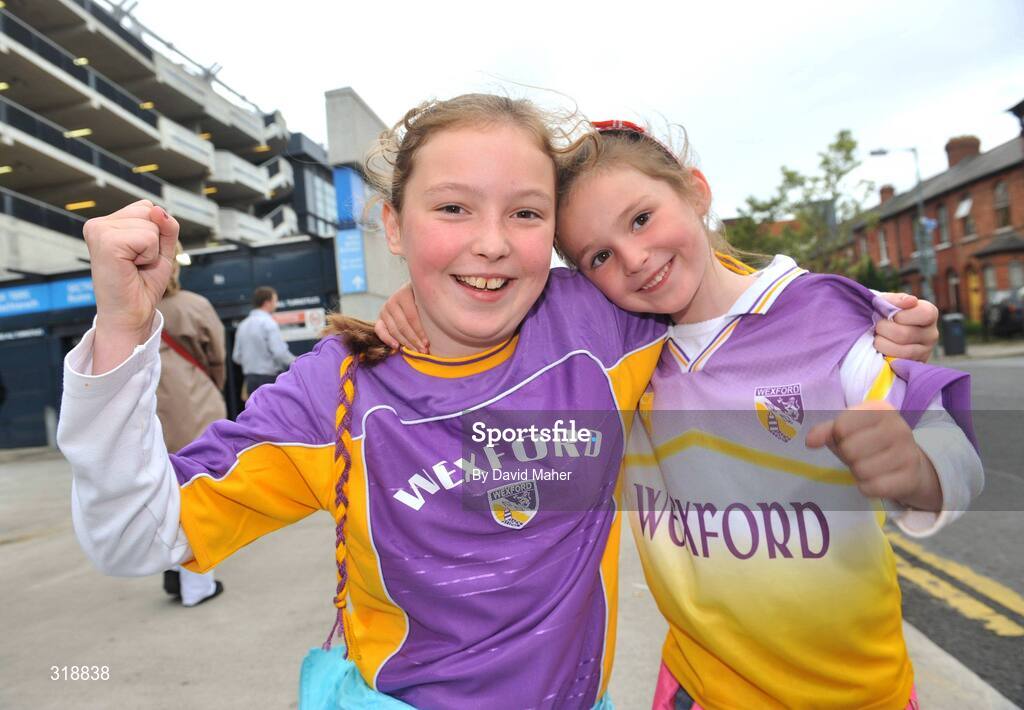 31 August 2008; Wexford supporters Sarah, left and her sister Sofie Geraghty, from Wexford town, cheer on their team before the game. GAA Football All-Ireland Senior Championship Semi-Final, Tyrone v Wexford, Croke Park, Dublin. Picture credit: David Maher / SPORTSFILE