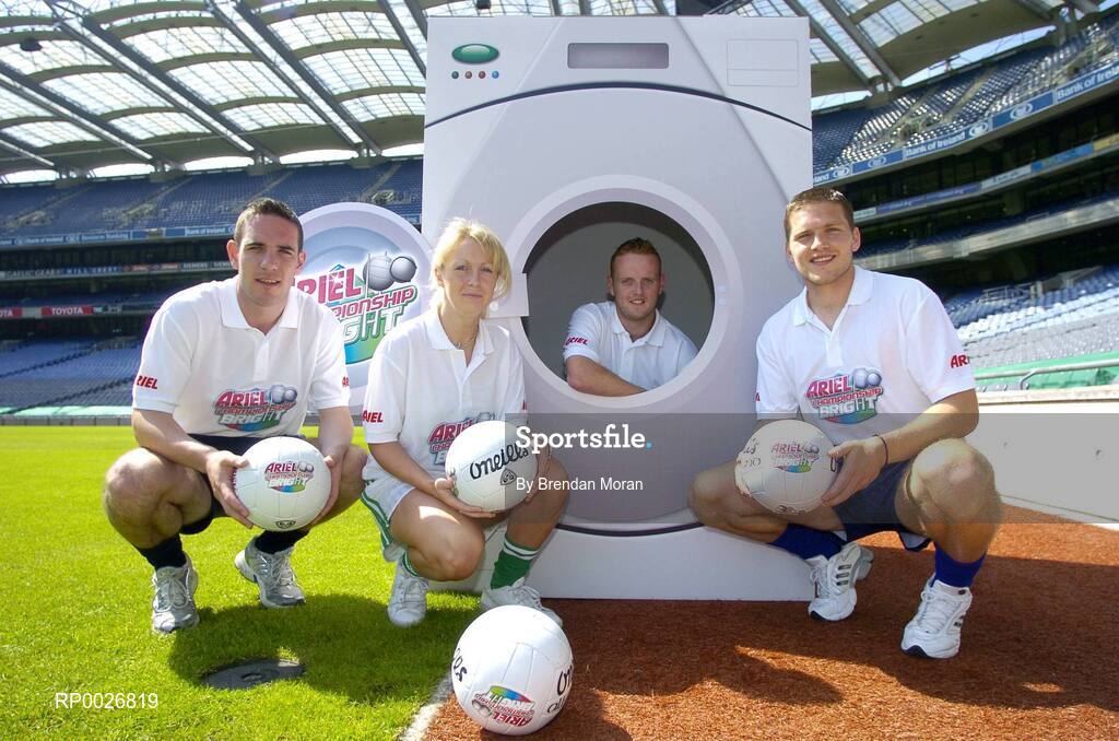6 June 2006; GAA star players, from left, Declan O'Sullivan, Kerry, Geraldine Doherty, Meath, Benny Coulter, Down, and Conal Keaney, Dublin, at the launch of a new Official GAA promotion in association with Ariel. This summer Ariel is giving away free training gear for kids all over Ireland through the new Ariel Championship Bright promotion. Croke Park, Dublin. Picture credit: Brendan Moran / SPORTSFILE