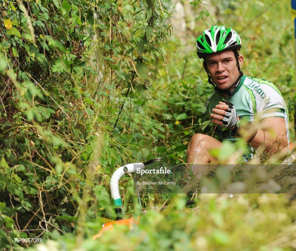 27 August 2008; Paul Healion, Irish National Team, lies in a ditch after crashing on the descent of the Inistioge climb, Co. Kilkenny. 2008 Tour of Ireland - Stage 1, Dublin - Waterford. Picture credit: Stephen McCarthy / SPORTSFILE