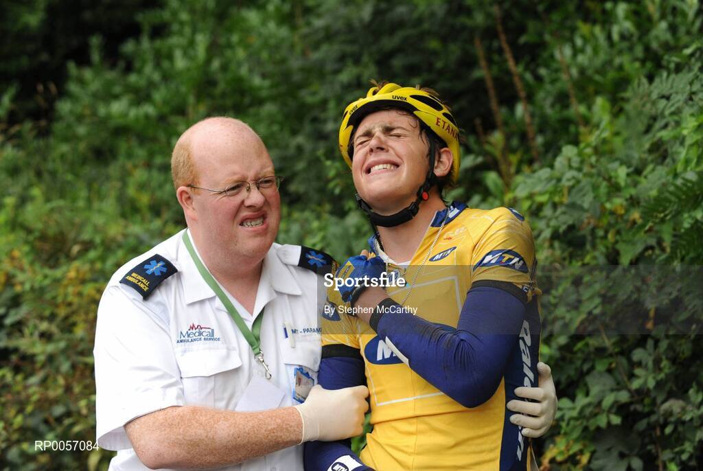 27 August 2008; Bradley Potgieter, MTN Energade, receives assistant after crashing on the descent of the Inistioge climb, Co. Kilkenny. 2008 Tour of Ireland - Stage 1, Dublin - Waterford. Picture credit: Stephen McCarthy / SPORTSFILE