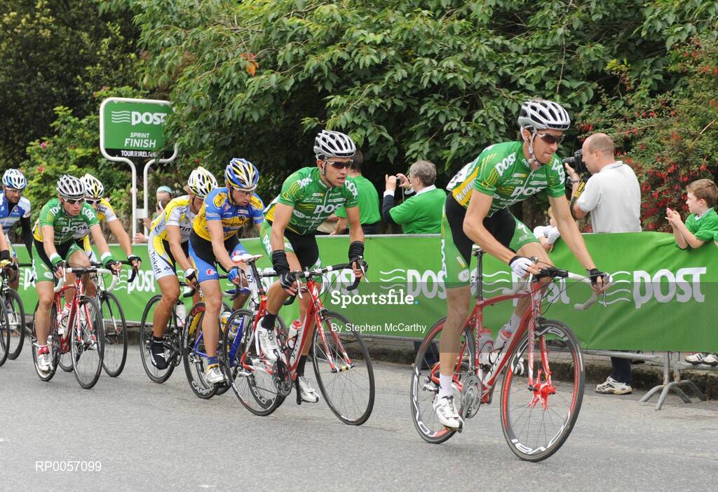 27 August 2008; Daniel Lloyd, right, Mark Cassidy and Benny DeSchrooder, left, of the An Post sponsored Sean Kelly team, cross the sprint line in Borris, Co. Carlow. 2008 Tour of Ireland - Stage 1, Dublin - Waterford. Picture credit: Stephen McCarthy / SPORTSFILE *** Local Caption ***