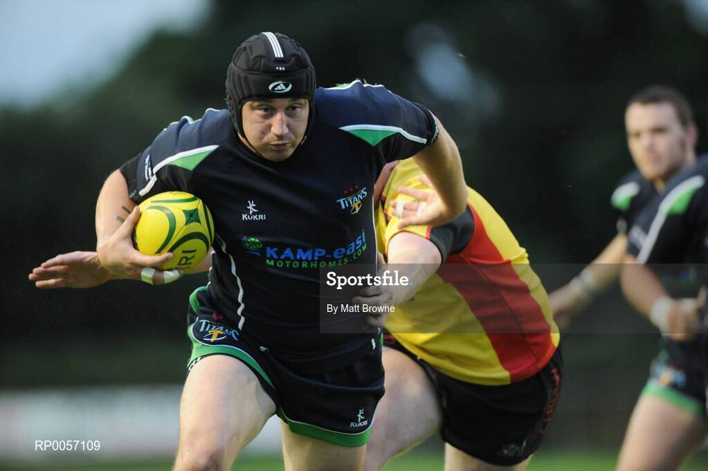 27 August 2008; Kevin O'Riordan, Treaty City Titans, goes over for the opening try of the game against Carlow Crusaders despite the tackle of Paddy Barcoe. Rugby League Ireland Carnegie League Grand Final, Carlow Crusaders v Treaty City Titans, Portlaoise Rugby Club, Togher, Portlaoise. Picture credit: Matt Browne / SPORTSFILE
