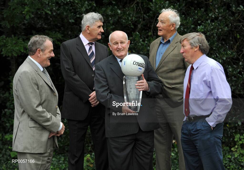 28 August 2008; Down Gaelic Football legend, Paddy Doherty, was today inducted into the MBNA Kick Fada Hall of Fame. Paddy, centre, was joined by fellow MBNA Kick Fada Hall of Fame members, from left, Dublin's Jimmy Keaveney, Kerry's Mick O'Dwyer, Offaly's Peter Nolan, and Kerry's Donie O'Sullivan. Over 20 stars of Gaelic Football will compete for the prestigious All-Ireland title at the 8th annual MBNA Kick Fada competition, which will take place on Saturday, September 13th at Bray Emmets GAA Club, Bray, Co. Wicklow. Iveagh Gardens, Dublin. Picture credit: Brian Lawless / SPORTSFILE