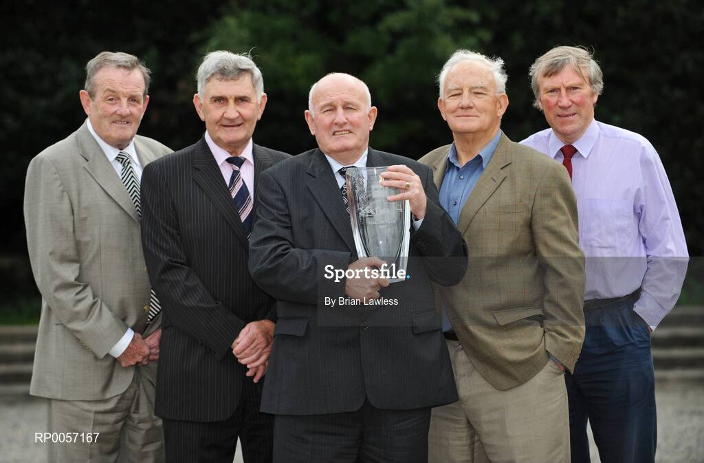 28 August 2008; Down Gaelic Football legend, Paddy Doherty, was today inducted into the MBNA Kick Fada Hall of Fame. Paddy, centre, was joined by fellow MBNA Kick Fada Hall of Fame members, from left, Dublin's Jimmy Keaveney, Kerry's Mick O'Dwyer, Offaly's Peter Nolan, and Kerry's Donie O'Sullivan. Over 20 stars of Gaelic Football will compete for the prestigious All-Ireland title at the 8th annual MBNA Kick Fada competition, which will take place on Saturday, September 13th at Bray Emmets GAA Club, Bray, Co. Wicklow. Iveagh Gardens, Dublin. Picture credit: Brian Lawless / SPORTSFILE