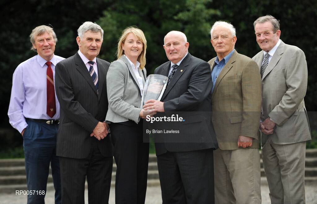 28 August 2008; Down Gaelic Football legend, Paddy Doherty, was today inducted into the MBNA Kick Fada Hall of Fame. Paddy is presented with his award by Suzanne Holmes, Communications Manager with MBNA, in the company of fellow MBNA Kick Fada Hall of Fame members, from left, Kerry's Donie O'Sullivan, Kerry's Mick O'Dwyer, Offaly's Peter Nolan, and Dublin's Jimmy Keaveney. Over 20 stars of Gaelic Football will compete for the prestigious All-Ireland title at the 8th annual MBNA Kick Fada competition, which will take place on Saturday, September 13th at Bray Emmets GAA Club, Bray, Co. Wicklow. Iveagh Gardens, Dublin. Picture credit: Brian Lawless / SPORTSFILE