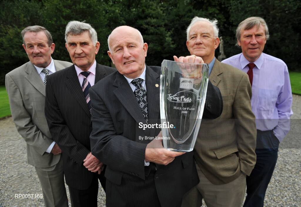 28 August 2008; Down Gaelic Football legend, Paddy Doherty, was today inducted into the MBNA Kick Fada Hall of Fame. Paddy, centre, was joined by fellow MBNA Kick Fada Hall of Fame members, from left, Dublin's Jimmy Keaveney, Kerry's Mick O'Dwyer, Offaly's Peter Nolan, and Kerry's Donie O'Sullivan. Over 20 stars of Gaelic Football will compete for the prestigious All-Ireland title at the 8th annual MBNA Kick Fada competition, which will take place on Saturday, September 13th at Bray Emmets GAA Club, Bray, Co. Wicklow. Iveagh Gardens, Dublin. Picture credit: Brian Lawless / SPORTSFILE