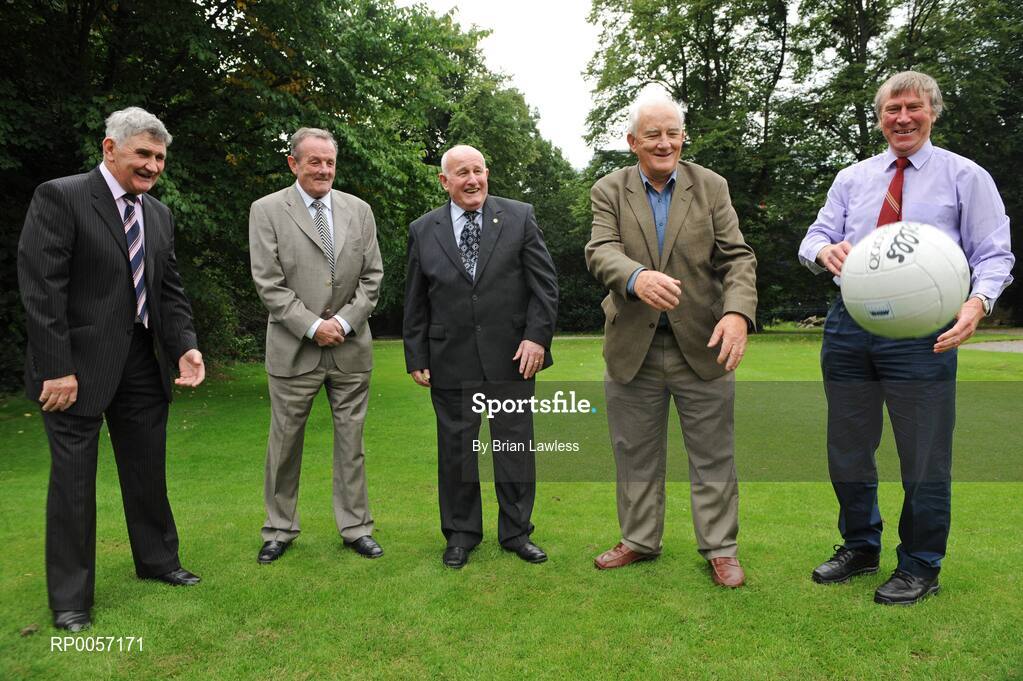 28 August 2008; Down Gaelic Football legend, Paddy Doherty, was today inducted into the MBNA Kick Fada Hall of Fame. Paddy, centre, was joined by fellow MBNA Kick Fada Hall of Fame members, from left, Kerry's Mick O'Dwyer, Dublin's Jimmy Keaveney, Offaly's Peter Nolan, and Kerry's Donie O'Sullivan. Over 20 stars of Gaelic Football will compete for the prestigious All-Ireland title at the 8th annual MBNA Kick Fada competition, which will take place on Saturday, September 13th at Bray Emmets GAA Club, Bray, Co. Wicklow. Iveagh Gardens, Dublin. Picture credit: Brian Lawless / SPORTSFILE