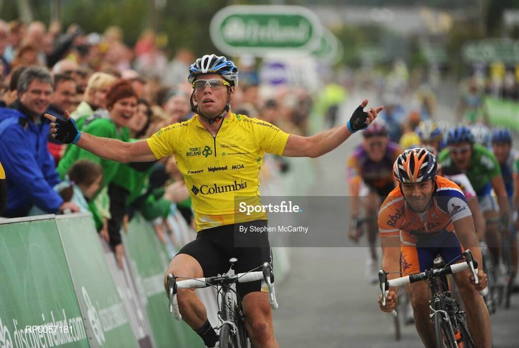 28 August 2008; Mark Cavendish, Team Columbia, celebrates as he crosses the line to win the second stage of the Tour of Ireland into Loughrea, Co. Galway, ahead of second place Michael van Staeyen, Rabobank, right. 2008 Tour of Ireland - Stage 2, Thurles - Loughrea. Picture credit: Stephen McCarthy / SPORTSFILE