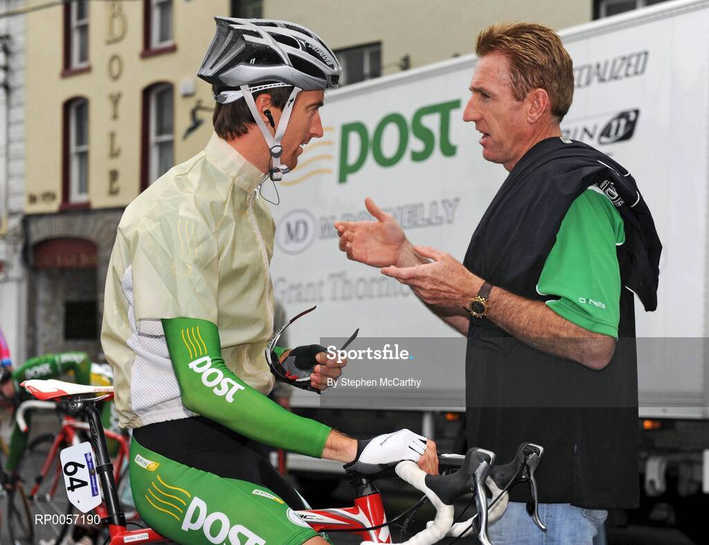 28 August 2008; Sean Kelly in conversation with Daniel Lloyd, An Post sponsored Sean Kelly team, ahead of the start of the race in Thurles, Co. Tipperary. 2008 Tour of Ireland - Stage 2, Thurles - Loughrea. Picture credit: Stephen McCarthy / SPORTSFILE