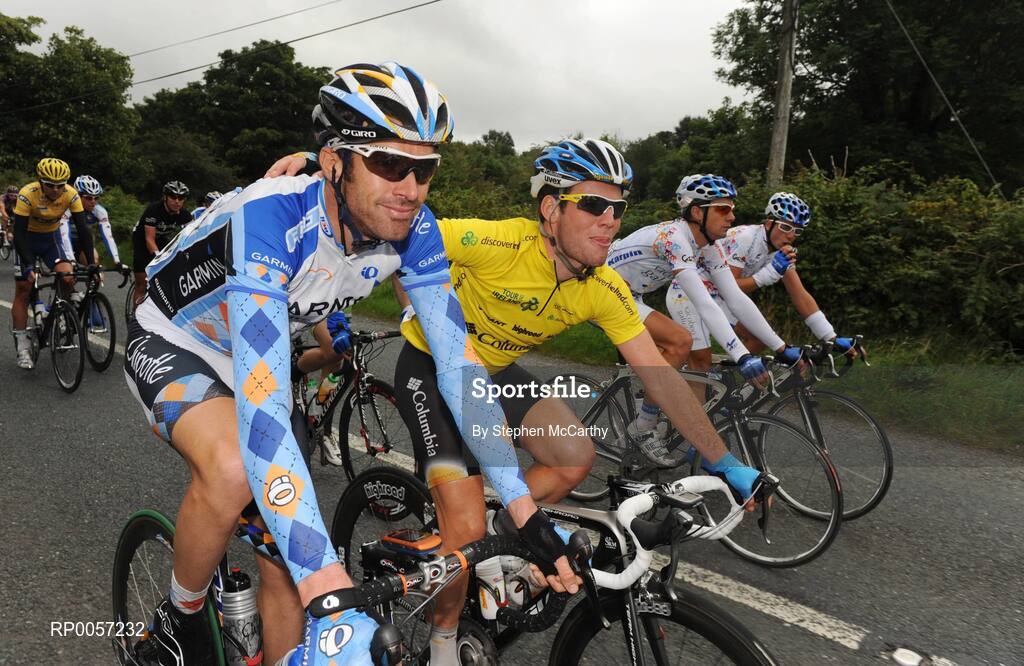 29 August 2008; Race leader Mark Cavendish, Team Columbia, poses for a picture with David Millar, Garmin Chipotle H30, during the thrid stage of the Tour of Ireland. 2008 Tour of Ireland - Stage 3, Ballinrobe - Galway. Picture credit: Stephen McCarthy / SPORTSFILE