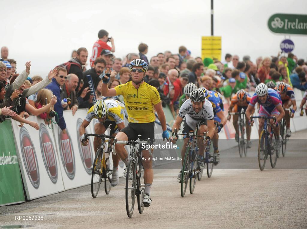 29 August 2008; Mark Cavendish, Team Comumbia, celebrates his third stage win in a row on his way to crossing the line in Galway. 2008 Tour of Ireland - Stage 3, Ballinrobe - Galway. Picture credit: Stephen McCarthy / SPORTSFILE