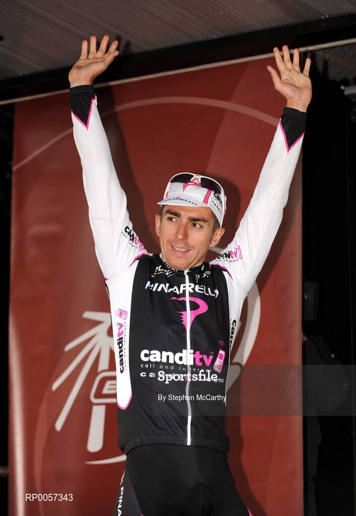 30 August 2008; Russell Downing, Pinarello CandiTV, after winning the fourth stage of the Tour of Ireland and claiming the race leader's yellow jersey. 2008 Tour of Ireland - Stage 4, Limerick - Dingle. Picture credit: Stephen McCarthy / SPORTSFILE