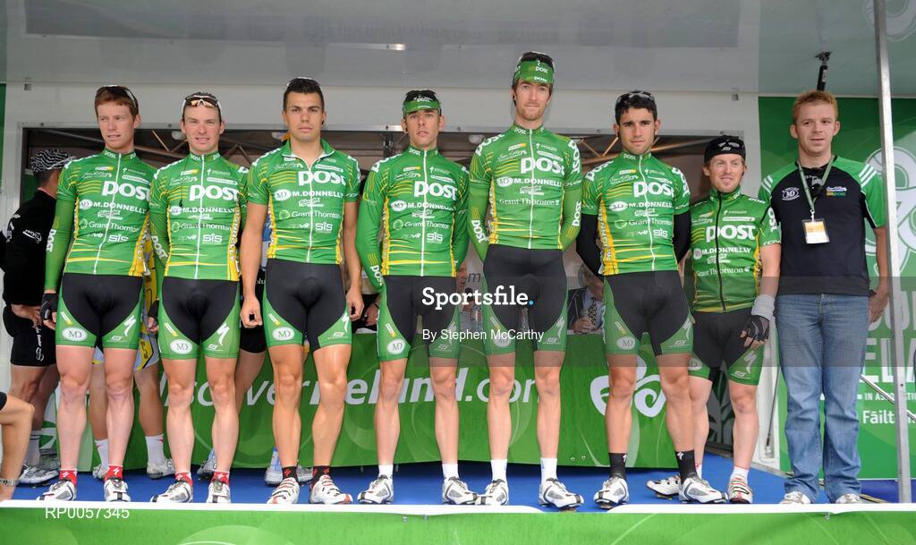 30 August 2008; Members of the An Post sponsored Sean Kelly team ahead of the stage, from left, Stephen Gallagher, Benny de Schrooder, Kenny Lisabett, Daniel Fleeman, Daniel Lloyd, Mark Cassidy, Paidi O'Brein and Kurt Bogaerts, Team Manager. 2008 Tour of Ireland - Stage 4, Limerick - Dingle. Picture credit: Stephen McCarthy / SPORTSFILE  *** Local Caption ***
