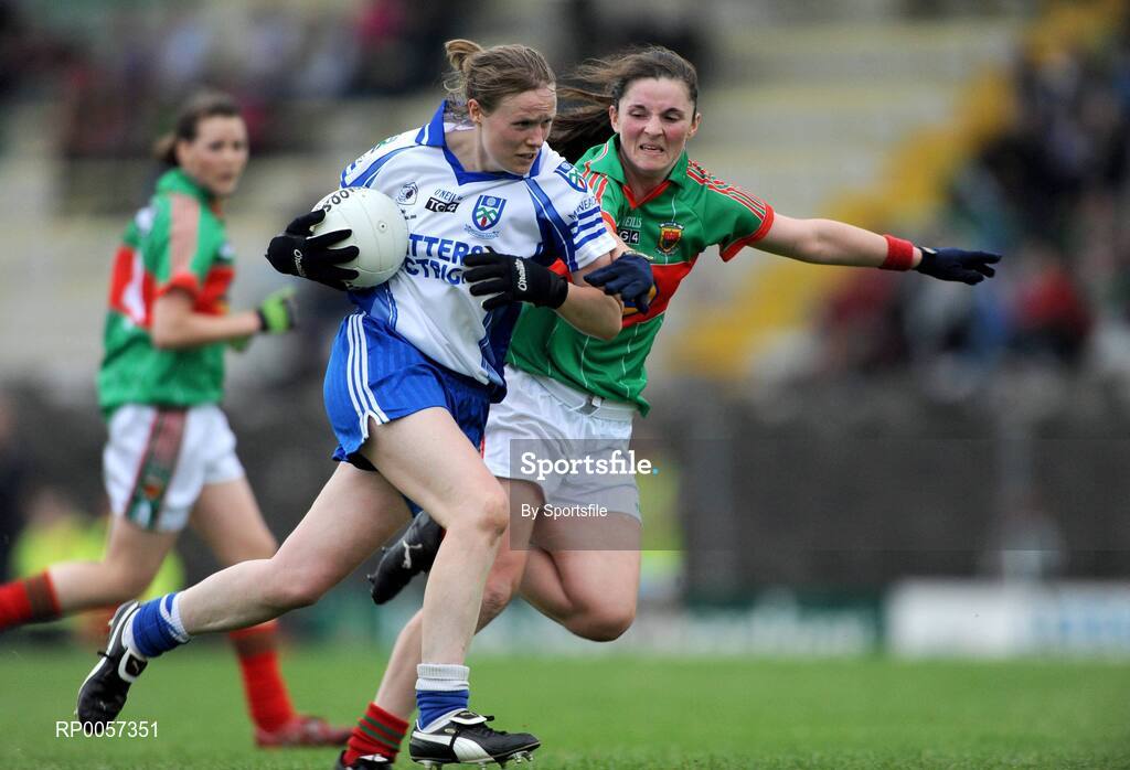 30 August 2008; Edel Byrne, Monaghan, in action against Helena Lohan, Mayo. TG4 All-Ireland Ladies Senior Football Championship Semi-Final, Mayo v Monaghan, Pairc Tailteann, Navan, Co. Meath. Photo by Sportsfile